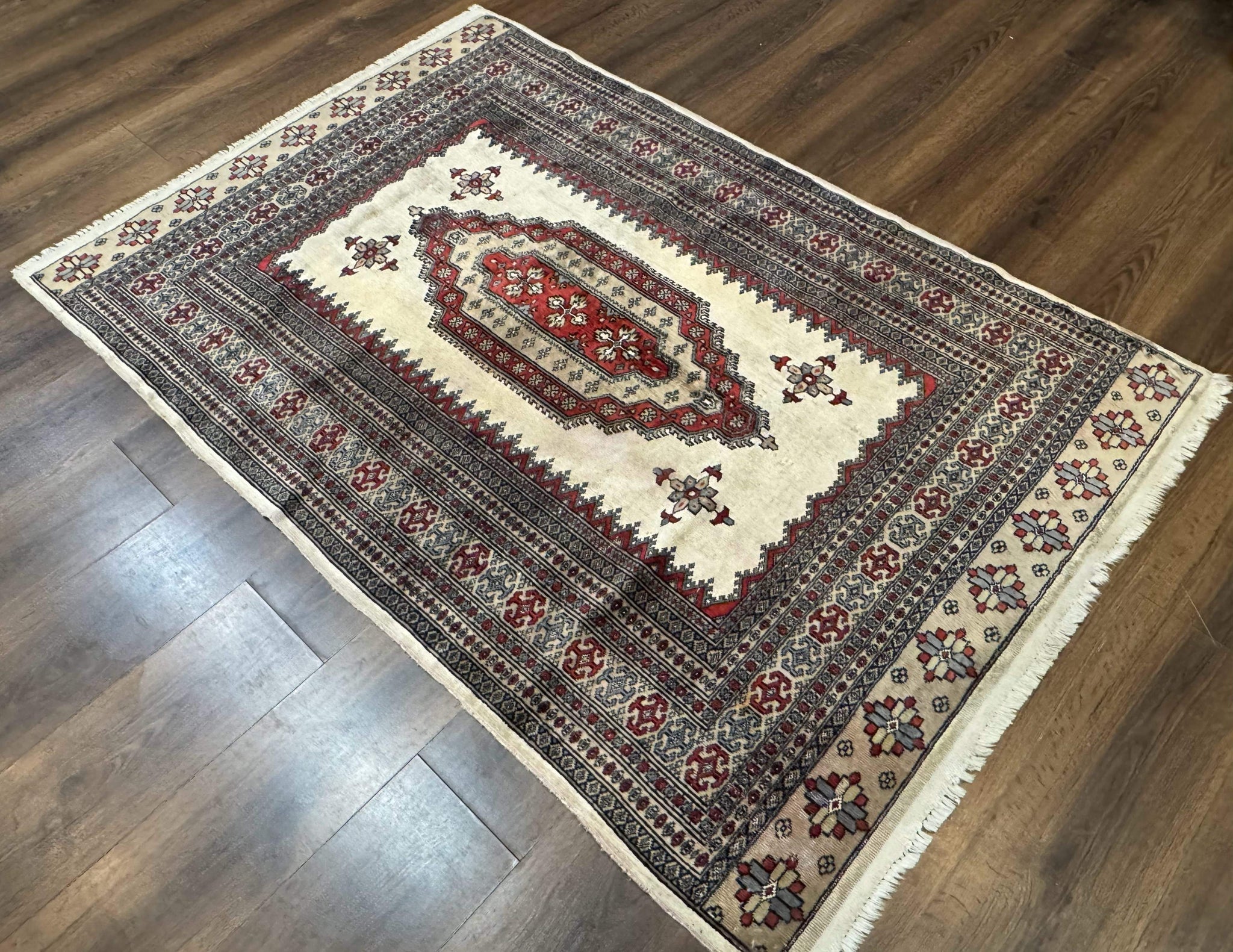 Pakistani Turkoman Rug 4x6, Semi Open Field, Ivory, Vintage by Jewel Rugs