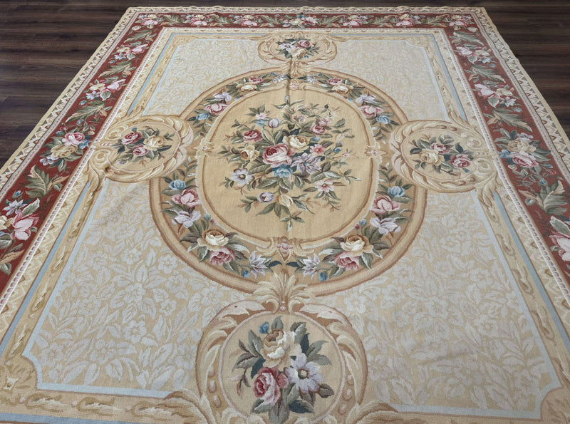 Needlepoint Rug 8x10, Aubusson Savonnerie European Carpet, Floral, Elegant by Jewel Rugs