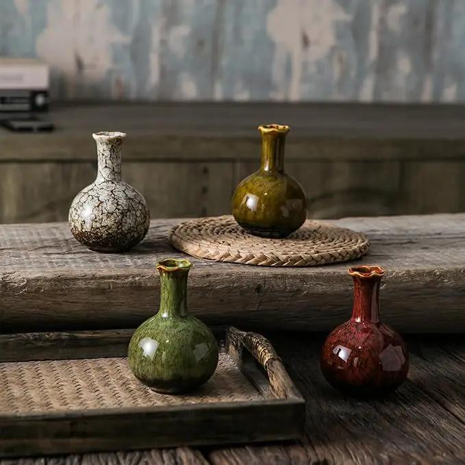 JOJUNO Glazed Rustic Bud Vase Set of 4 - Small Ceramic Mini Pottery Vases in White, Yellow, Green, Red - Ideal for Fresh & Dried Flowers - Modern Farmhouse Décor for Living Room, Shelves, Dining Table by GreenHaven Gardens