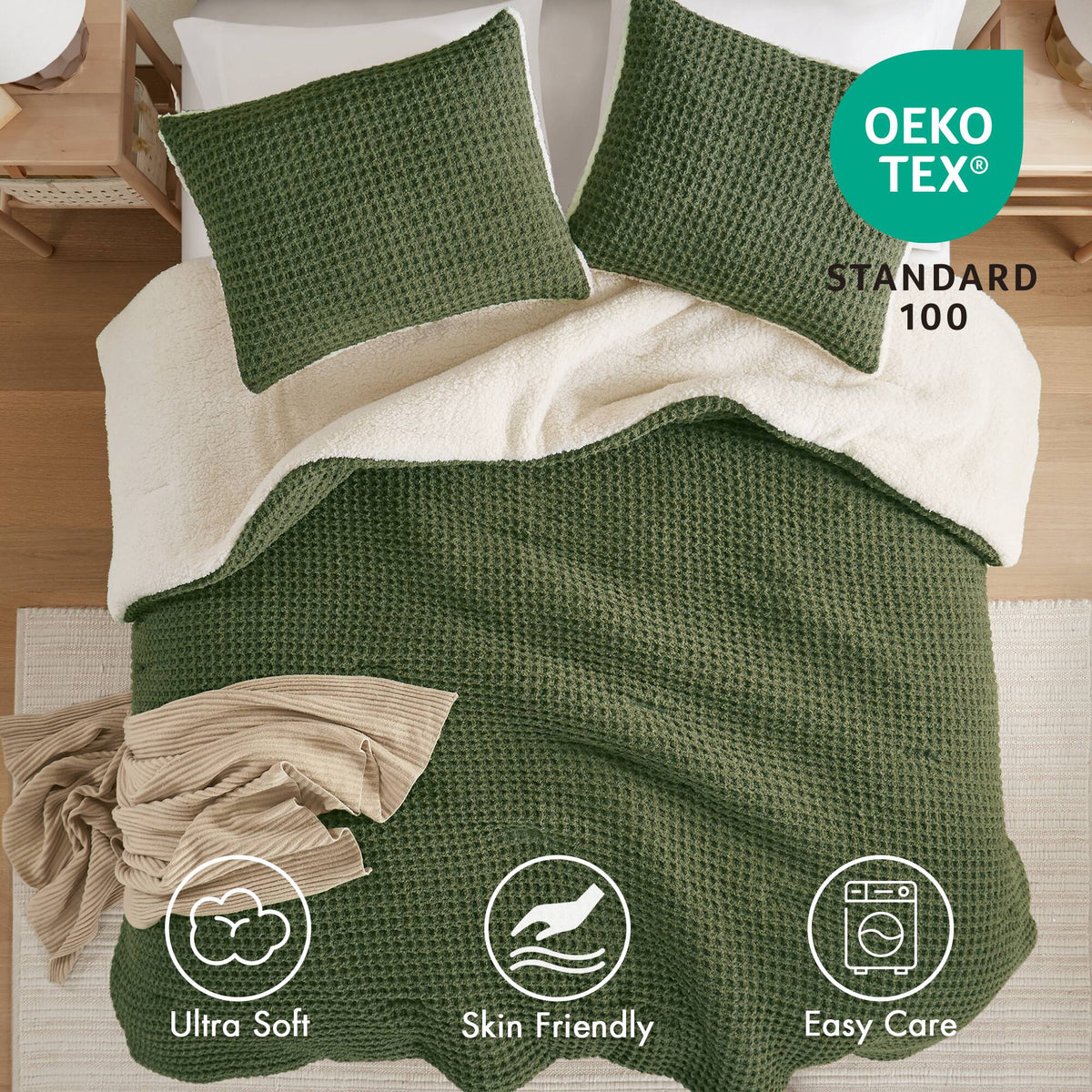 3 Pieces Full/Queen Waffle Knit Chenille Comforter Set in Olive, photo 9 of 10