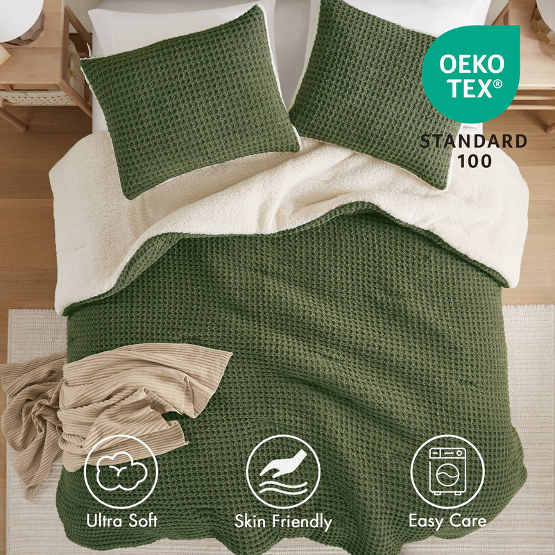 3 Pieces Full/Queen Waffle Knit Chenille Comforter Set in Olive, photo 9 of 10