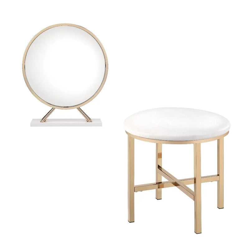 Midriaks - Mirror & Stool - Synthetic Leather , White & Gold by Unique Piece Furniture