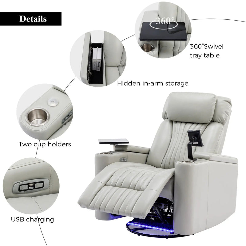 270° Power Swivel Recliner Home Theater Chair With Hidden Arm Storage, LED Light, Cup Holder, And Tray Table by HouseOfZazla