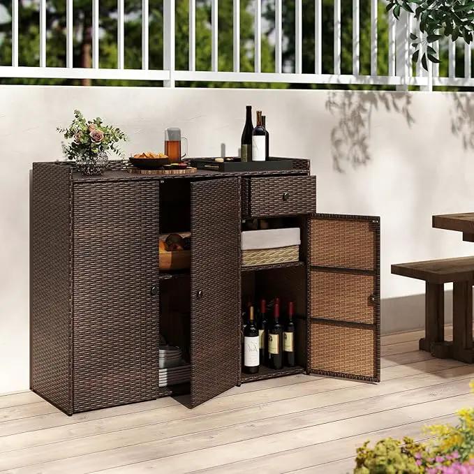 Tangkula Rattan Outdoor Storage Cabinet, Patiojoy Outdoor Cabinet with 4 Adjustable Shelves, 1 Drawer, 3 Doors, Patio Storage Deck Box Table for Patio Garden Poolside (Mix Brown) by GreenHaven Gardens