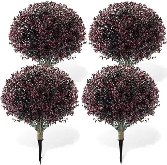 Yunlly 4 Pack 18" Artificial Boxwood Ball Bush Topiary Trees Fake Outdoor Plants, Realistic UV Resistance Faux Shrubs with Spike Greenery Topiary for Front Porch Garden Yard Patio Indoor (Dark Purple) by GreenHaven Gardens