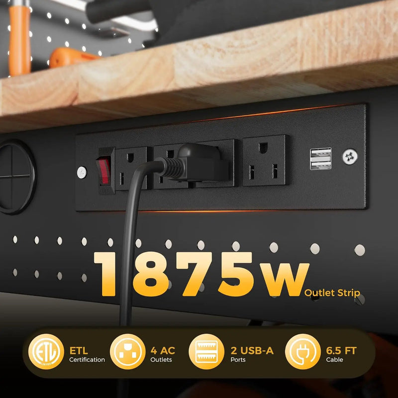 60" Work Bench Adjustable Height with Storage Shelf, Max Load 2000 LBS Heavy Duty Rubberwood Tabletop with Pegboard, LED Light, Built-in Power Strip for Woodworking Shop, Garage, Home by GreenHaven Gardens