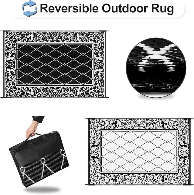 OutdoorLines Indoor Outdoor Rugs for Patio 6x9 ft - Reversible Outside Carpet, Stain & UV Resistant Portable RV Mats, Plastic Straw Rug for Camping, Pool Deck, Porch Rhombus Black & White by GreenHaven Gardens