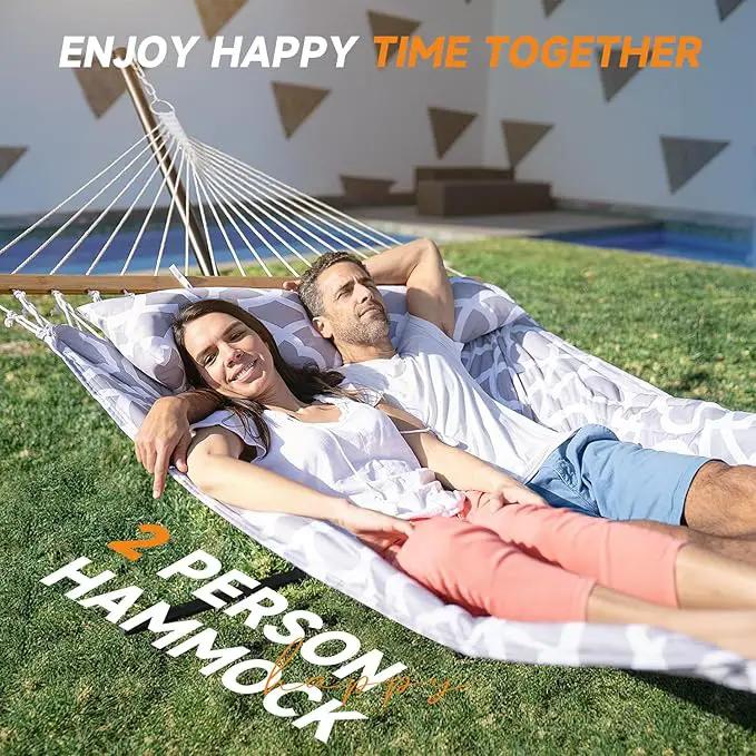 2 Person Outdoor Hammock with Stand, Cotton Rope Hammock with Polyester Pad, Adjustable Steel Frame, Portable with Carrying Bag – for Patio, Backyard, Garden, Beach, White-Gray by GreenHaven Gardens