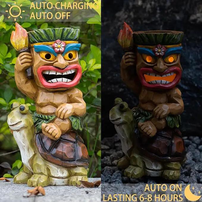 Solar Tiki Statue Light-Garden Turtles Outdoor Decor - Tiki Man Riding Turtle with Tiki Torch Solar Light for Tiki Bar Decorations, Patio, Balcony, Yard,Lawn,Gifts by GreenHaven Gardens