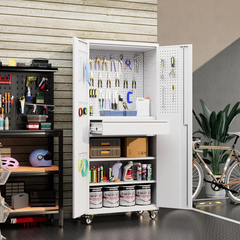 Aobabo Metal Storage Cabinet with Wheels and 1 Interior Drawer, Steel Rolling Tool Cabinet with 16 Hooks and 2 Adjustable Shelves for Garage, Home, Office, Kitchen Assembly Required, White by GreenHaven Gardens