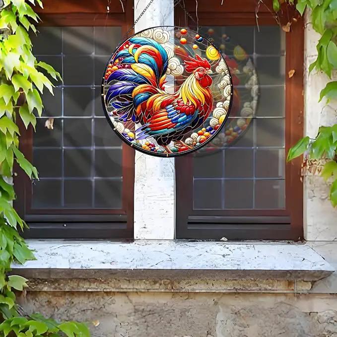 RIVEENY Rooster Glass Window Hangings, 8" Rooster Sun Catcher Stained Glass Window Panels, Wall Art Stained Panel Hangings Gift for Home Garden Ornament (Roosters) by GreenHaven Gardens
