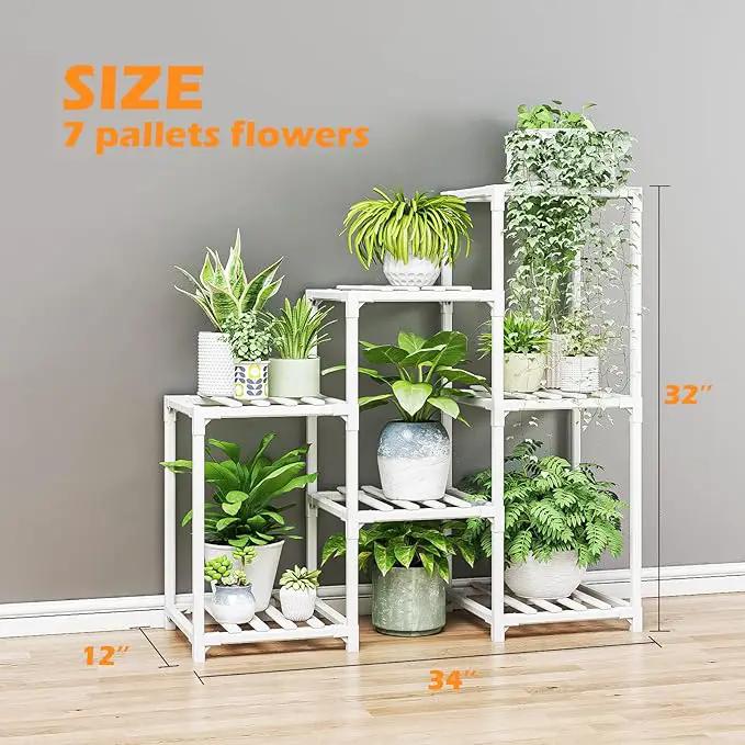 Bamworld Indoor Plant Stand Outdoor White Shelf Bamboo Plant Table for Multiple Plants 3 Tiers 7 Pots Ladder Holder Pot Window Garden Balcony Living Room by GreenHaven Gardens