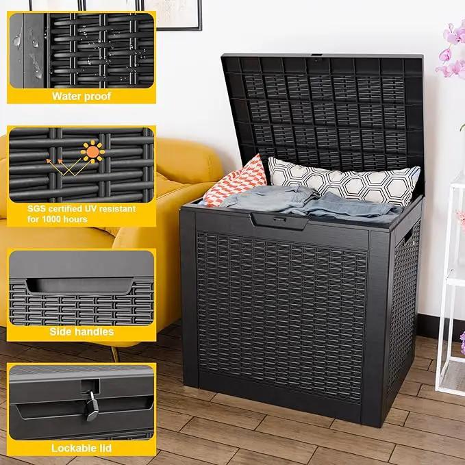 30 Gallon Wicker Pattern Resin Deck Box, Lockable Patio Outdoor Storage Box for Furniture, Garden Tools and Tools Storage, Waterproof Outside Storage Box - Black Rattan by GreenHaven Gardens
