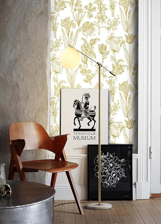 Dimoon 393"x17.3" Floral Wallpaper Peel and Stick Flowers Golden White Contact Paper Thicken Waterproof Modern Self Adhesive Plants Wallpaper Removable Wall Paper Shelf Vinyl Roll by GreenHaven Gardens