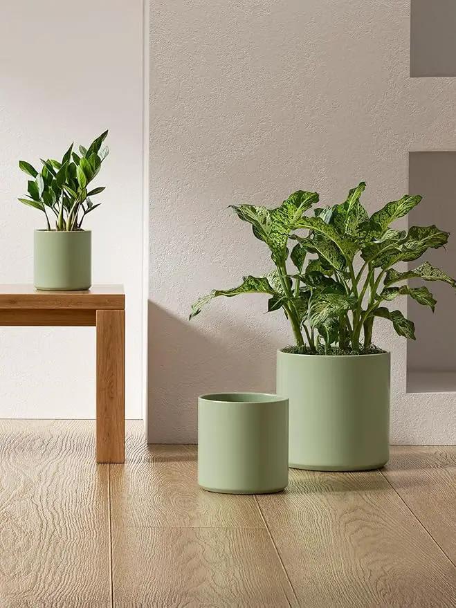 LE TAUCI Large Plant Pots Set, 10/8/6 Inch Ceramic Planters for Indoor Plants, Mid-Century Modern Flower Planter Pots with Drainage Hole and Plug, Round Planter, Set of 3, Reactive Glaze Olive Green by GreenHaven Gardens