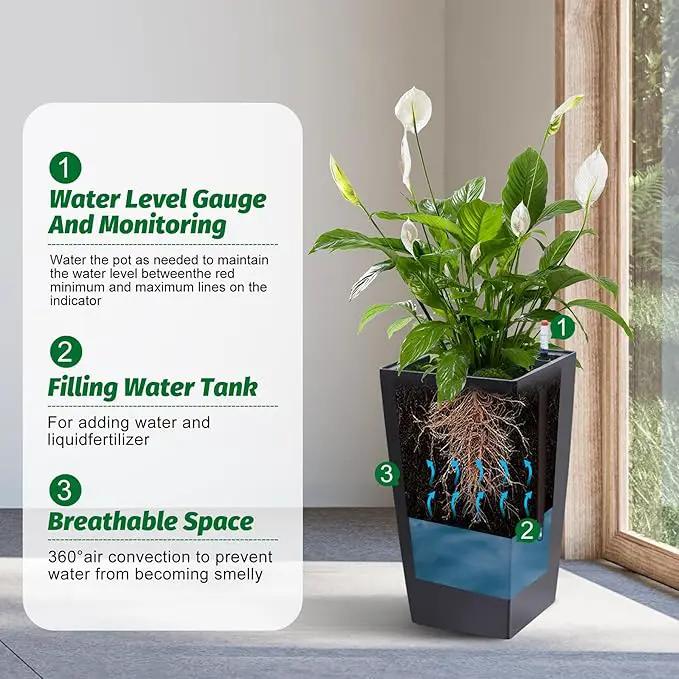 16" Tall Planters Set of 2, Outdoor＆Indoor Black Planter Pots, High Front Porch Planter Pots with Drainage Holes＆Water Level Monitor＆Inner Bucket, Automatic Watering,Black by GreenHaven Gardens