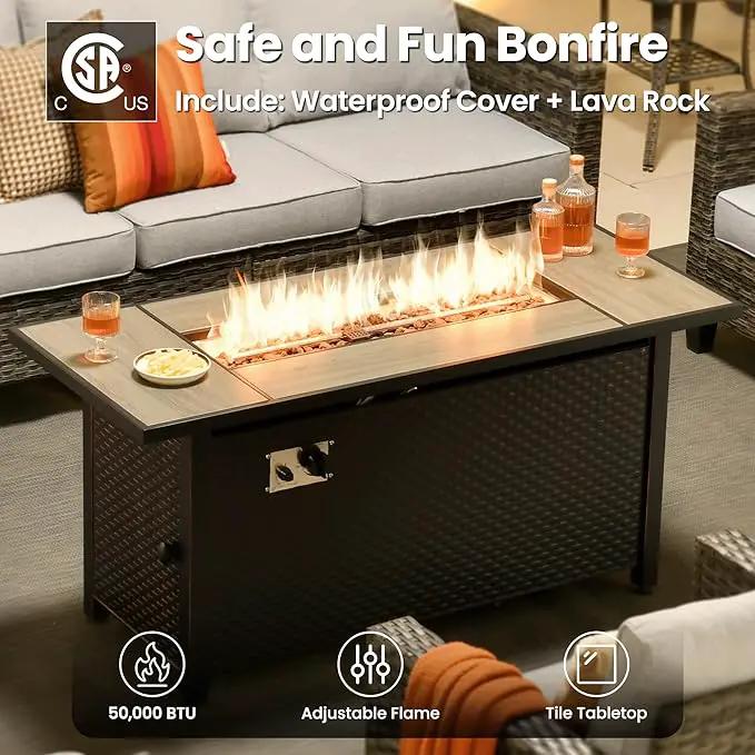 ovios 7 Pieces Patio Furniture Set with 54" Fire Pit Table, Outdoor Wicker Sofa with Comfy Cushions, All Weather High Back Rattan Couch Conversation Set, Grey by GreenHaven Gardens