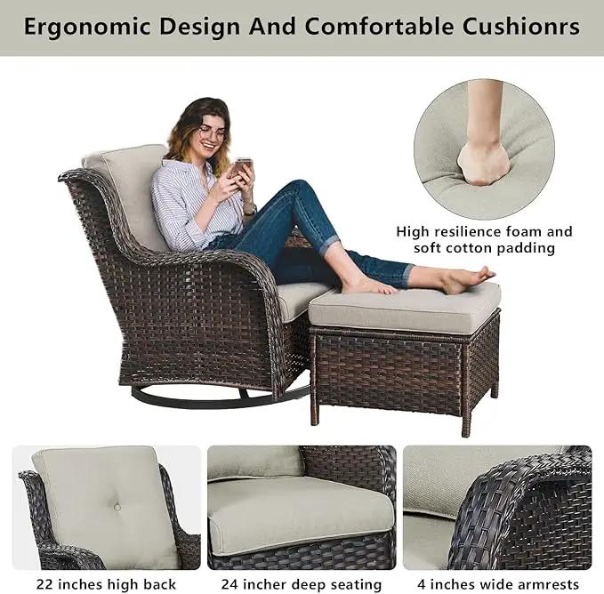 Wicker Patio Furniture Sets - 8 Piece Outdoor Rattan Furniture Conversation Sets with 4 Swivel Rocker Chairs, Rattan Sofa, Wicker Ottomans and Coffee Table, Brown/Beige by GreenHaven Gardens