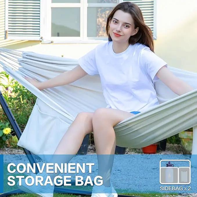 PNAEUT Double Hammocks with Stand for Outside, Portable Space Saving Heavy-Duty Steel Stand for Indoor Outdoor Patio with Carrying Bag, 450 lbs Capacity (Beige) by GreenHaven Gardens