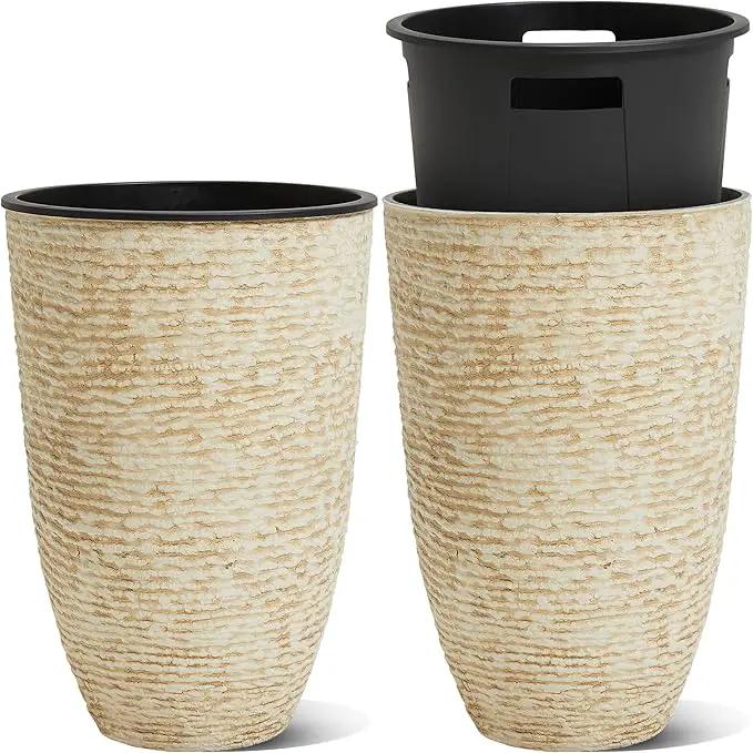 WORTH Garden 2-Pack 21" H. Beige Tall Planters with Inside Pots - 14'' Dia Plastic Large Round Plant Tree Pots - Decorative Imitation Stone Finish for Indoor Outdoor Front Porch Container Patio by GreenHaven Gardens