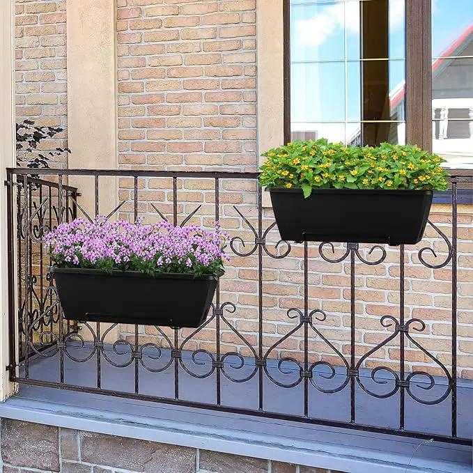 HAITRAL Hanging Planters for Outdoor Plants,Deck Railing Planter Boxes Countryside Style Window Boxes Planters, Balcony Flower Pots Plastic Railing Planter with Metal Brackets for Fence,Black 2 Pcs by GreenHaven Gardens