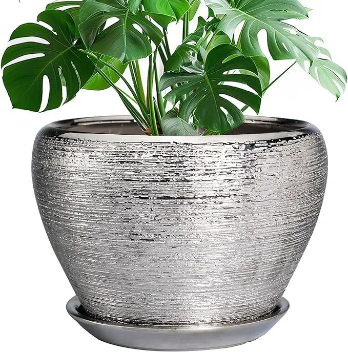 Flower Pot - 10 Inch Planter with Drainage Hole and Saucer - Indoor/Outdoor Decorative Mid-Century Planter - Silver by GreenHaven Gardens