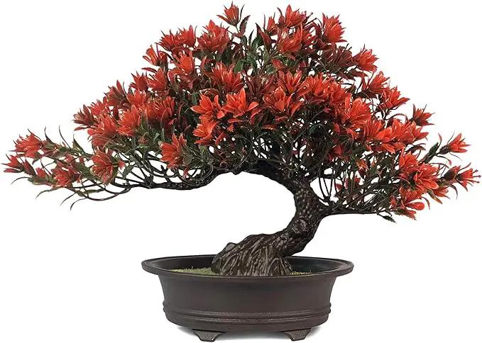 Fake Plants Plastic Artificial Bonsai Tree, Red Bonsai Tree for Home Bedroom Office Desk Farmhouse Room Decor, Tall 9.5" by GreenHaven Gardens