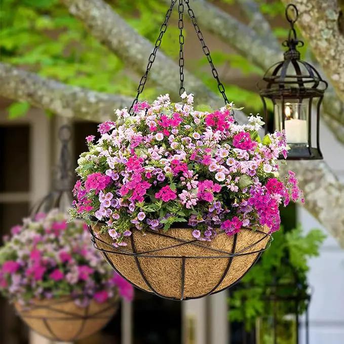 Hanging Planters for Outdoor Plants: 2 Pack 16" Hanging Baskets Flower Pots with Coco Liners & Plastic Saucer Large Deep Hanging Plant Holder for Porch Balcony Garden Décor by GreenHaven Gardens