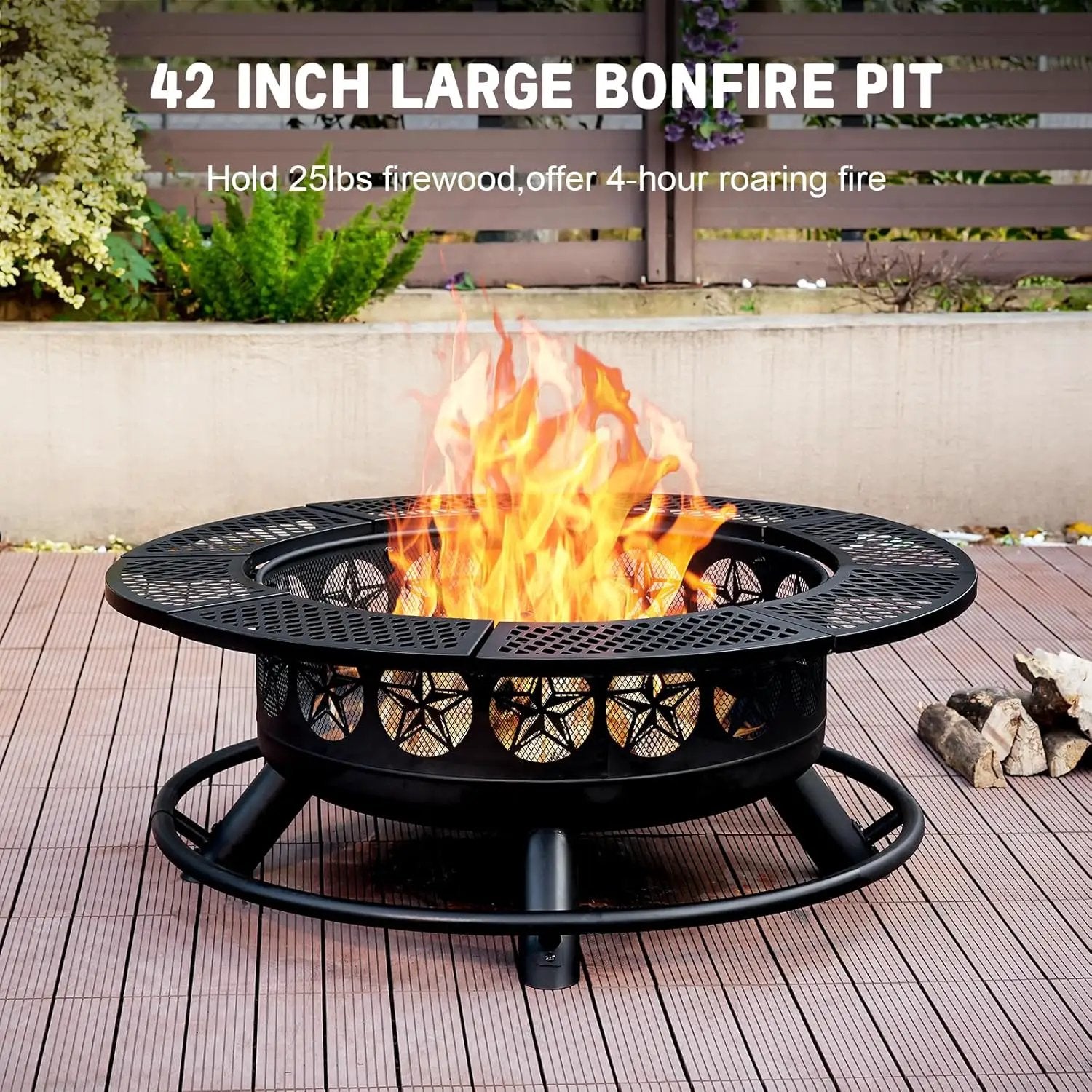 42 Inch BBQ Fire Pit with 2 Grills,3-in-1 Outdoor Round Metal Fire Pit Table with Lid,Fire Poker,Large Outdoor Wood Burning Firepits for Outside,Picnic,Bonfire Backyard Patio(Black) by GreenHaven Gardens