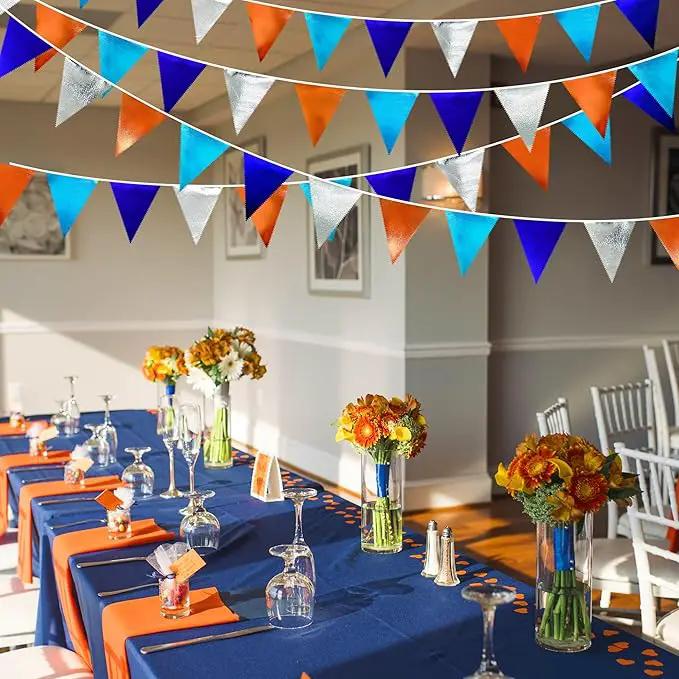 Orange Blue Silver Party Decorations Metallic Fabric Triangle Pennant Banner Flag Bunting Garland for Space Theme Birthday Wedding Bridal Shower Baby Shower Engagement Graduation Party Supplies by GreenHaven Gardens