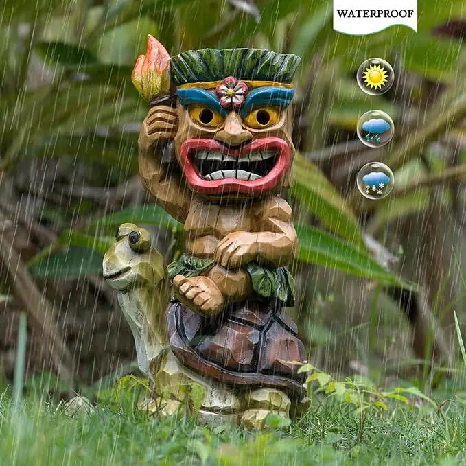 Solar Tiki Statue Light-Garden Turtles Outdoor Decor - Tiki Man Riding Turtle with Tiki Torch Solar Light for Tiki Bar Decorations, Patio, Balcony, Yard,Lawn,Gifts by GreenHaven Gardens