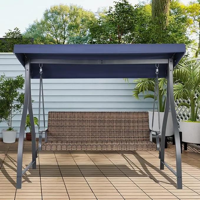 BPS 3 Seat Outdoor Porch Swing with Adjustable Canopy, PE Wicker Patio Swing Chair with Quick-Drying Foam Seat, 882 LBS Capacity, Proch Swings for Deck, Backyard, and Lawn, Dark Blue by GreenHaven Gardens