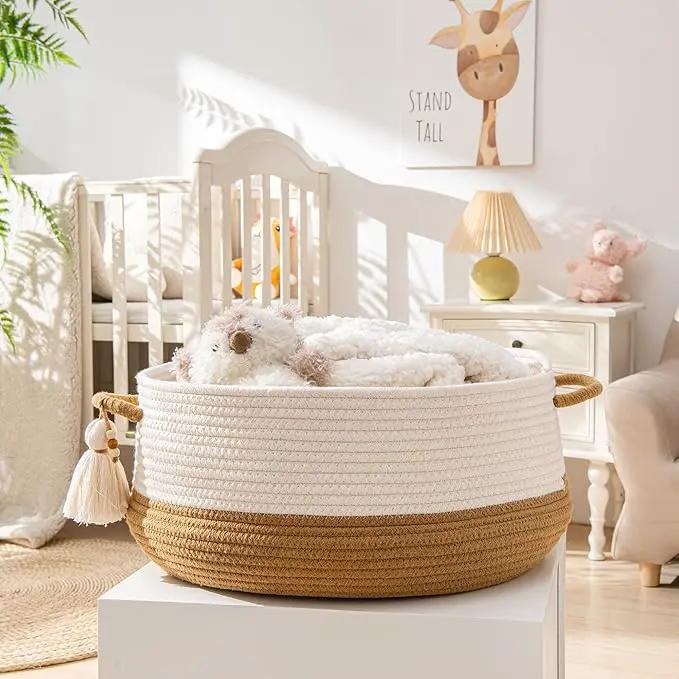 KAKAMAY Woven Baskets for Storage(16"x8"),Blanket Basket for Organizing Living Room,Cotton Rope Basket Woven Baby Laundry Hamper,Collapsible Laundry Room Organization,Clothes,Toy Chest(Brown) by GreenHaven Gardens