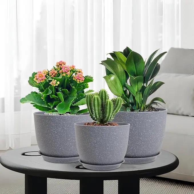 10/9/8 inch Plant Pots, Set of 3 Modern Decorative Plastic Planters with Drainage Holes and Saucers for Garden House Plants, Flower Pots for Indoor Outdoor Plants, Speckled Grey by GreenHaven Gardens