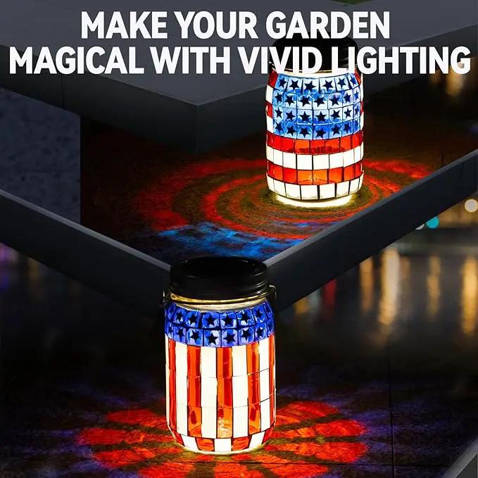 VOREEN 2 Pack Mosaic Solar Lanterns, Outdoor Glass Hanging Lights, Solar Table Lamps, Waterproof, American Flag Jar Lights Gifts, Patriotic Theme Decoration for Garden, Patio, Yard, Easter Gifts by GreenHaven Gardens