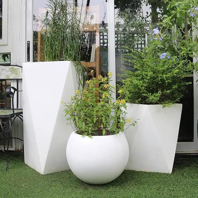 13.5 H x 17" Dia (12" Pot Opening) Round Fiberstone Planter with Drainage Hole, White, Indoor/Outdoor Large Plant Pot for Home Patio Garden, Ideal for Large Plants by GreenHaven Gardens