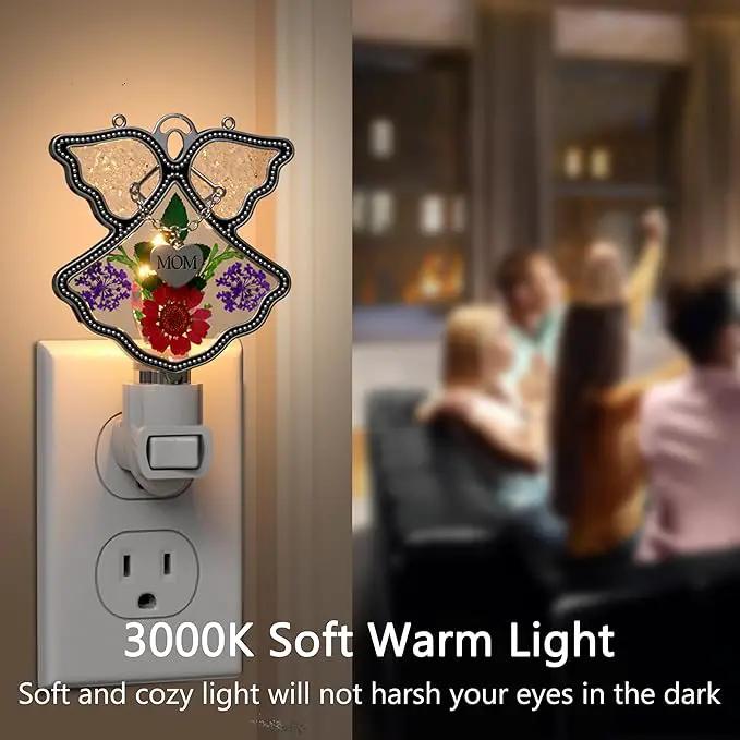 KY&BOSAM Night Light Mom Stained Glass Angel Night Lights Plug Into Wall with Real Flower in Glass and Metal Charm Night Light for Nursery Bedroom Bathroom Decorative Accent Lite Elegant Home Decor by GreenHaven Gardens