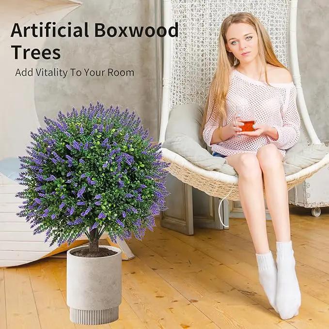 Artificial Lavender Topiany Ball Trees Set of 2,17” Resistant Fake Evergreen Shrubs with Ground SpilRealistic Outdoor Indoor Plants for Garden Porch Maintenance-Free Potted by GreenHaven Gardens