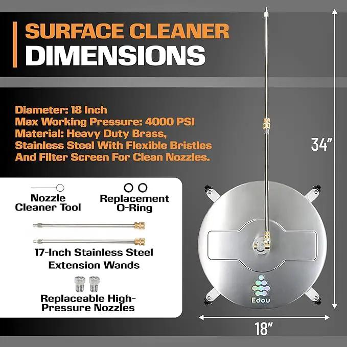 EDOU 18 inch Pressure Washer Surface Cleaner - Stainless Steel Power Washer Attachment - 4,000 PSI Max - Concrete Cleaner with Dual Nozzles and Extension Wands - Silver by GreenHaven Gardens