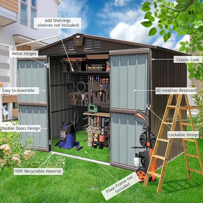 Domi Outdoor Storage Shed 8.2' x 6.2', Metal Steel Utility Tool Shed Storage House with Double Lockable Doors & Air Vents for Backyard Patio Garden Lawn Brown by GreenHaven Gardens