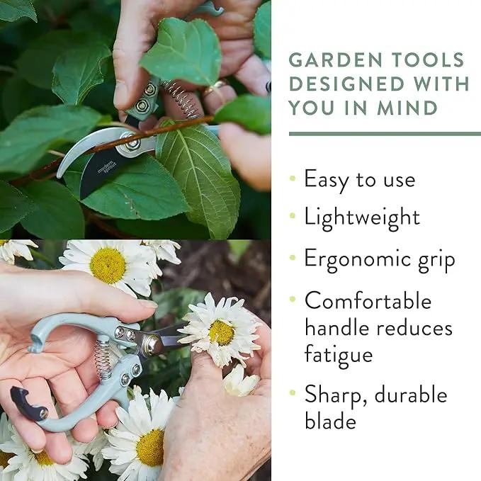 Modern Sprout Hand Pruners & Shears Set - Lightweight Gardening Tools W/Easy Lock - Sharp Carbon Steel Blades -Rust Resistant Scissors for Herbs, Flowers - Reusable Holster - Sage by GreenHaven Gardens