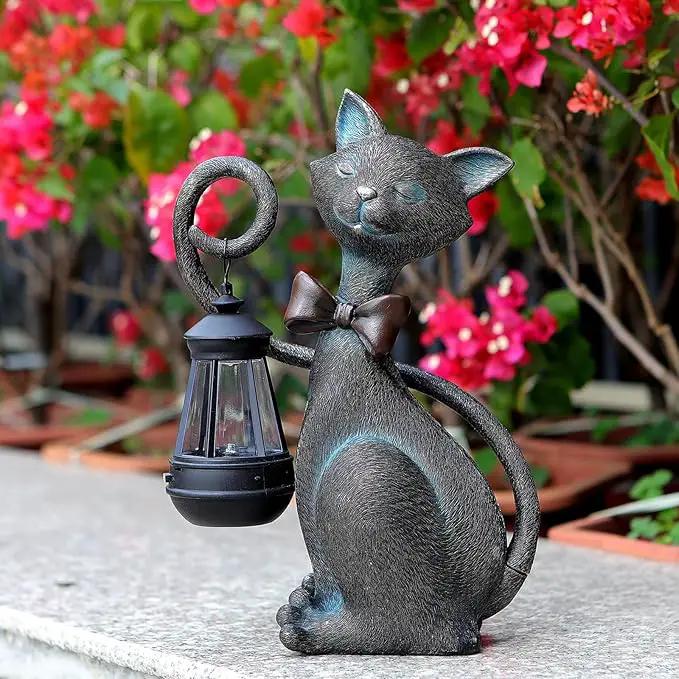 Whimsical Solar Cat Statue Decor with Solar Lantern - Unique Outdoor Spring Garden Decor for Patio, Balcony and Yard Art Lights - Ideal Mothers Day Birthday Gifts for Mom,Grandma,Women and Cat Lovers by GreenHaven Gardens