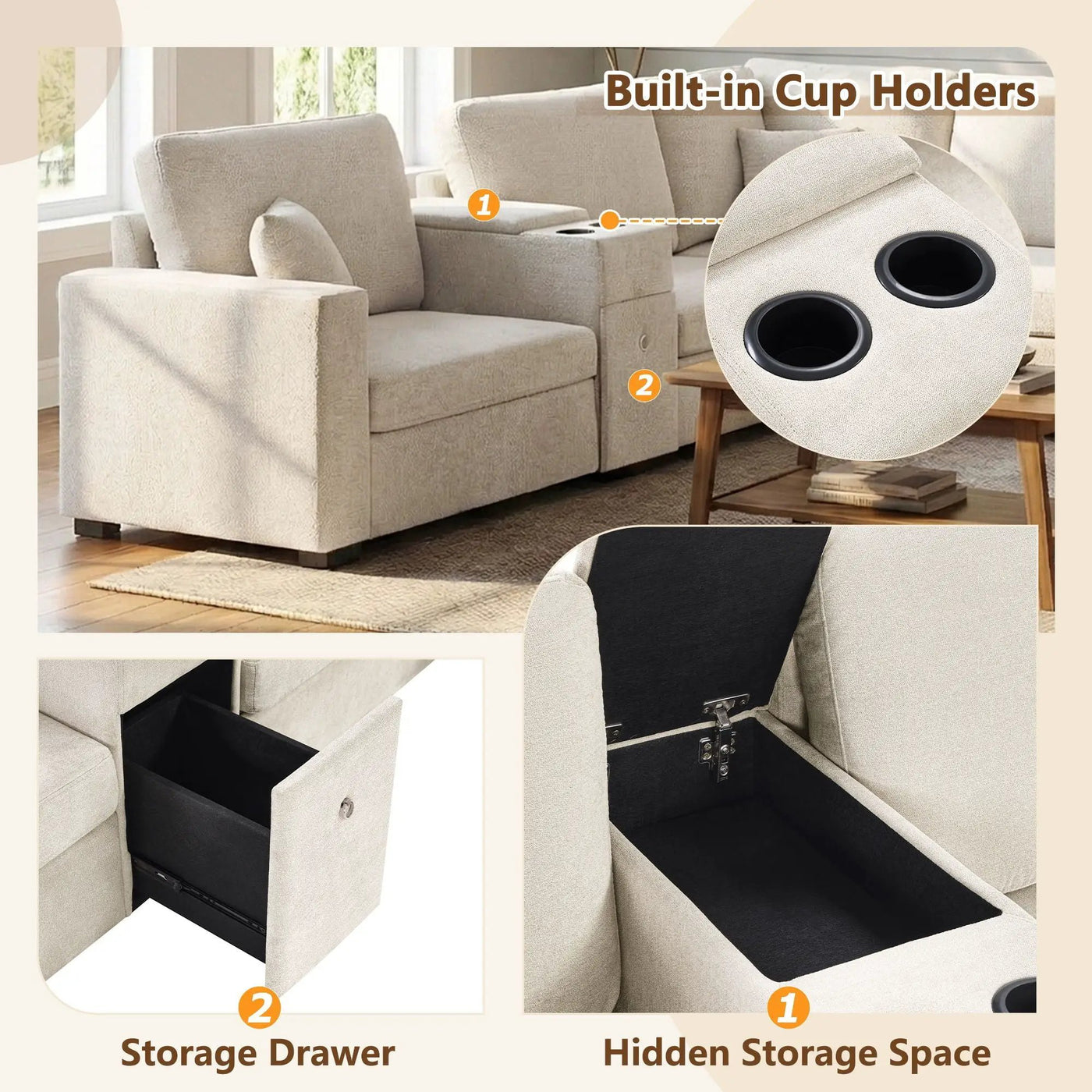 Modular 5 Seat U-Shape Sectional Sofa With Chaise Lounge, Built In Cup Holders And Storage Drawer by HouseOfZazla