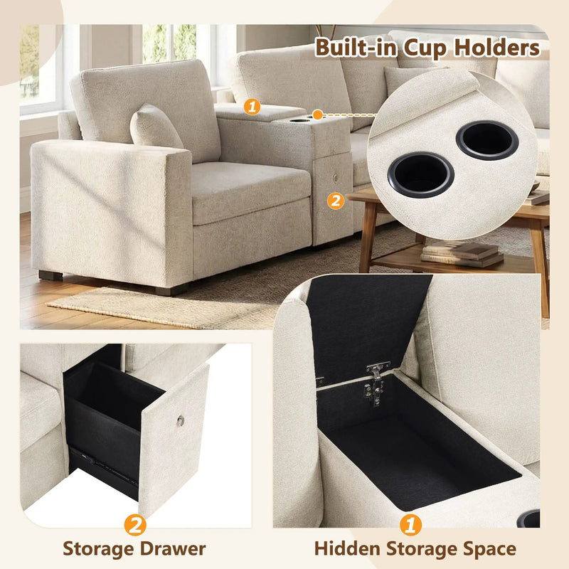 Modular 5 Seat U-Shape Sectional Sofa With Chaise Lounge, Built In Cup Holders And Storage Drawer by HouseOfZazla