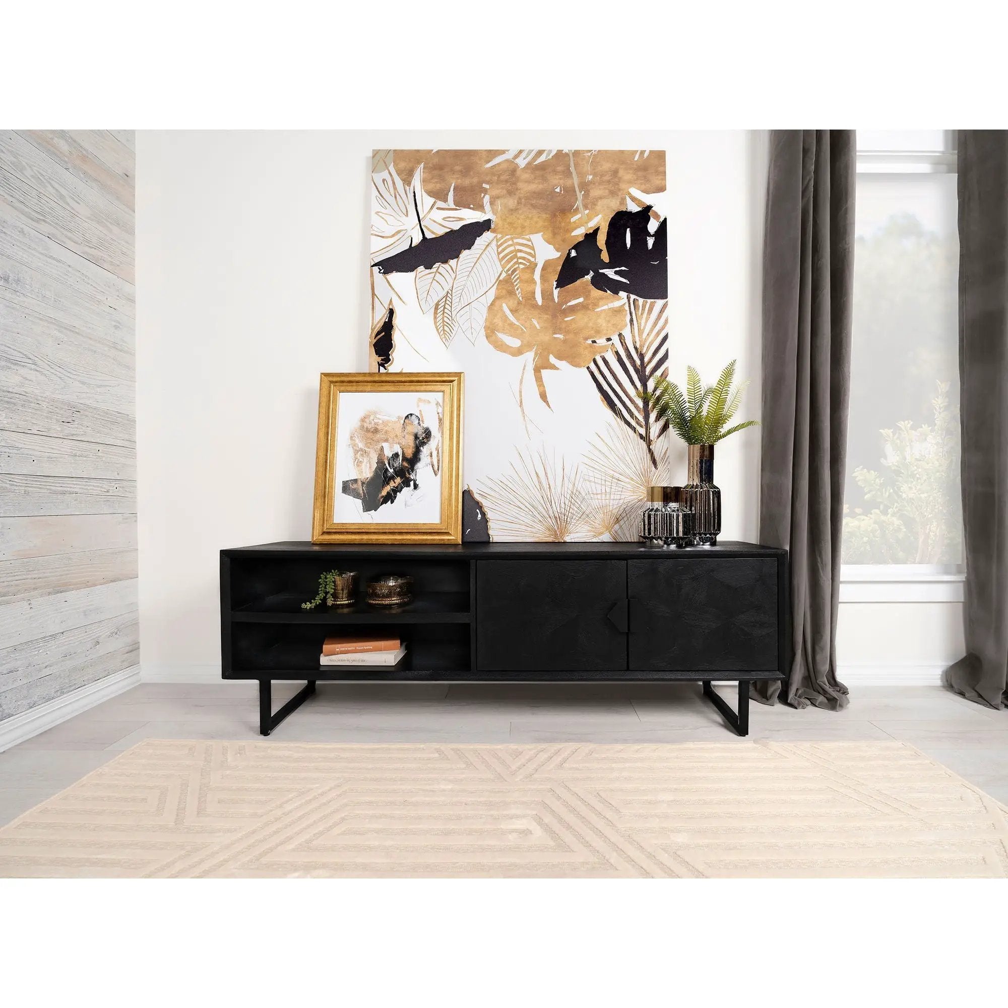Manaya - 2 Door Stand With Open Shelving And Hidden Storage - Charcoal Black by HouseOfZazla