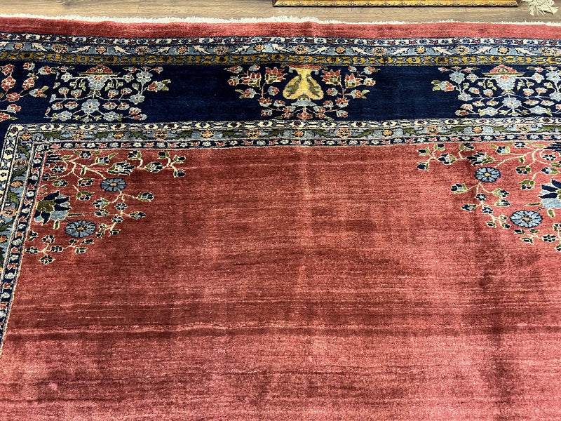 Large Persian Sarouk Rug 10x17, Open Field, Red and Navy Blue, Palace Sized Oversized Hand Knotted Wool Oriental Carpet Flowers Vases Antique 1920s by Jewel Rugs