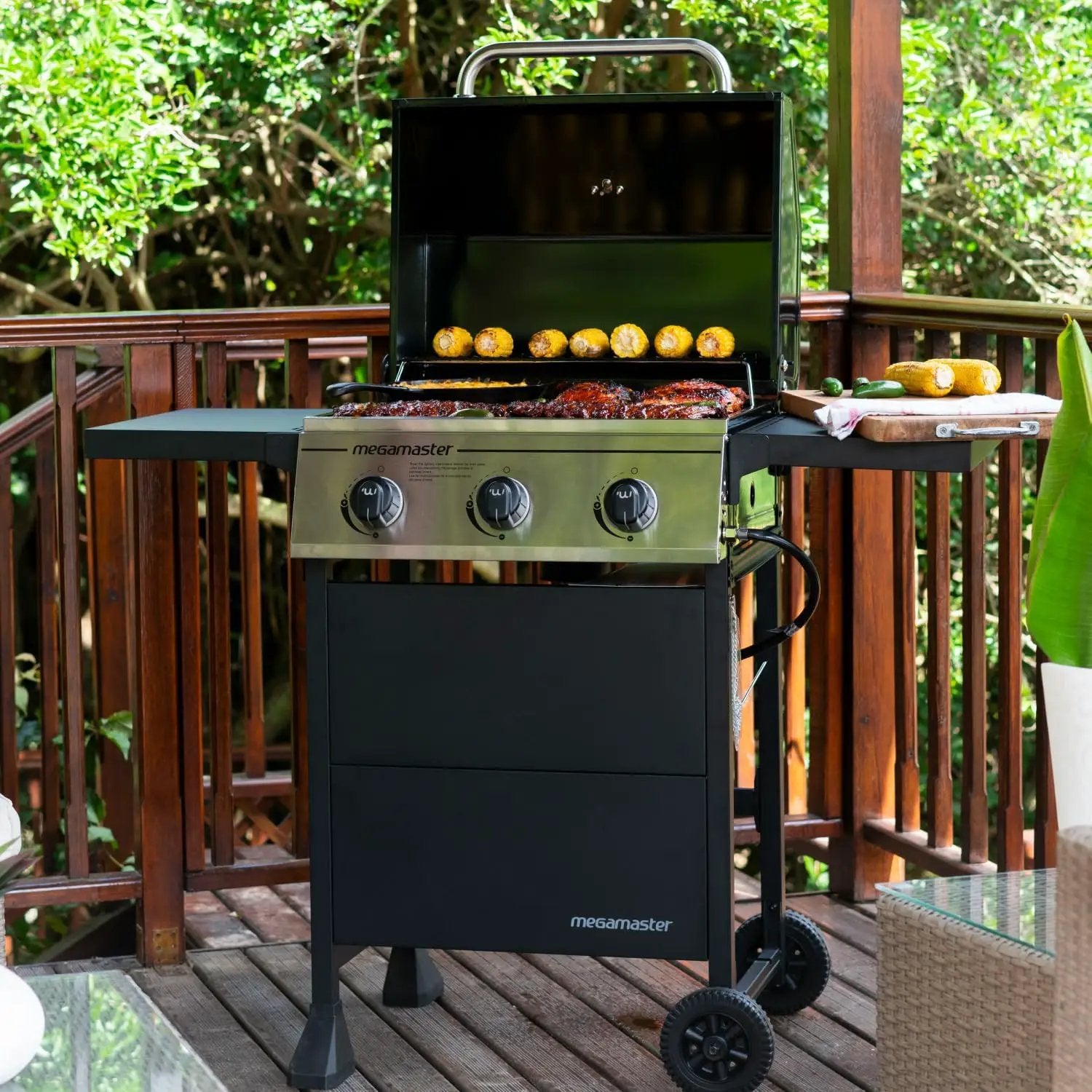 3-Burner Propane Gas Grill with Folding Side Tables, 30,000BTUs, 429.81 sq. in. Cooking Space, Stainless Steel Control Panel, Outdoor Kitchen Grill for BBQs, Patios, and More - 720-0988EA by GreenHaven Gardens