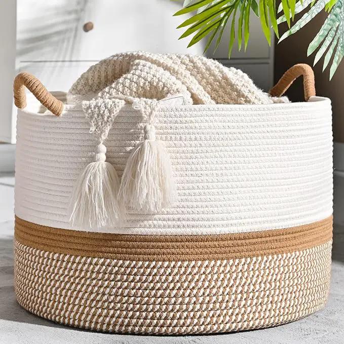 KAKAMAY Large Blanket Basket (20"x13"),Woven Baskets for storage Baby Laundry Hamper, Cotton Rope Blanket Basket for Living Room, Laundry, Nursery, Pillows, Baby Toy chest (White/Brown) by GreenHaven Gardens