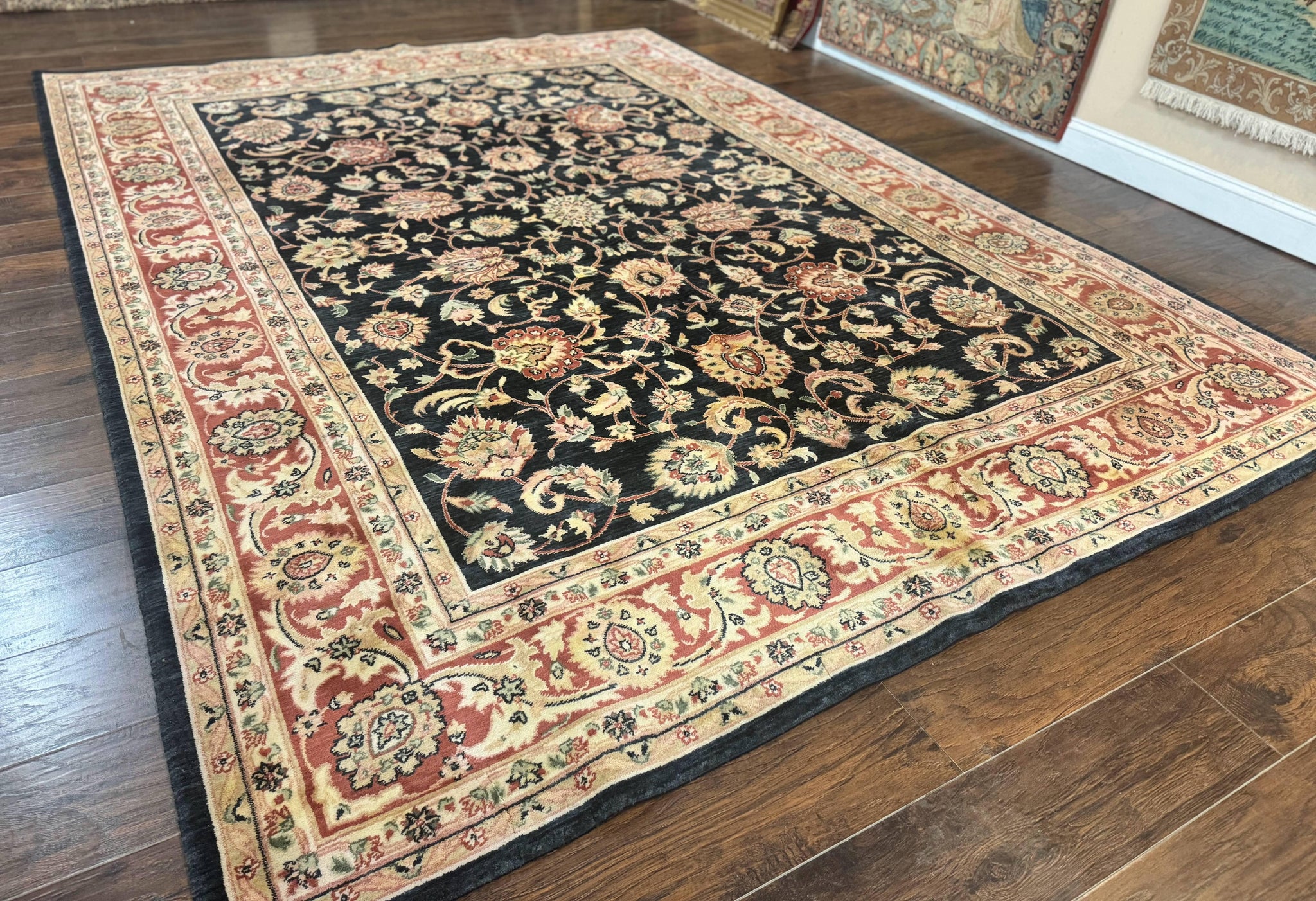 Vintage Oriental Rug 8x11, Floral Persian Design Carpet, Turkish Power Loomed Rug, Navy Blue Red Cream by Jewel Rugs