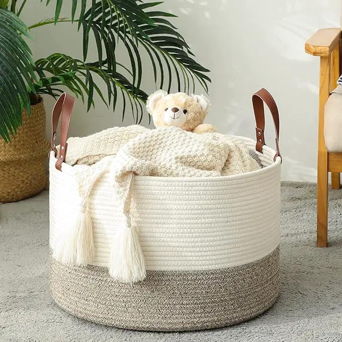 KAKAMAY Large Blanket Basket (20"x13"),Woven Baskets for storage Baby Laundry Hamper,Cotton Rope Blanket Basket for Living Room, Laundry, Nursery, Pillows, Baby Toy chest (White/Beige) by GreenHaven Gardens
